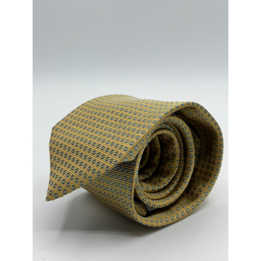Eton Mens Silk Tie Gold Blue Geometric Pattern Made in Italy Formal Necktie